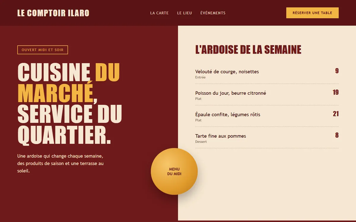 Maquette de démonstration d'un site pour restaurant de quartier, enseigne fictive Le Comptoir Ilaro : bordeaux et safran, capitales condensées.